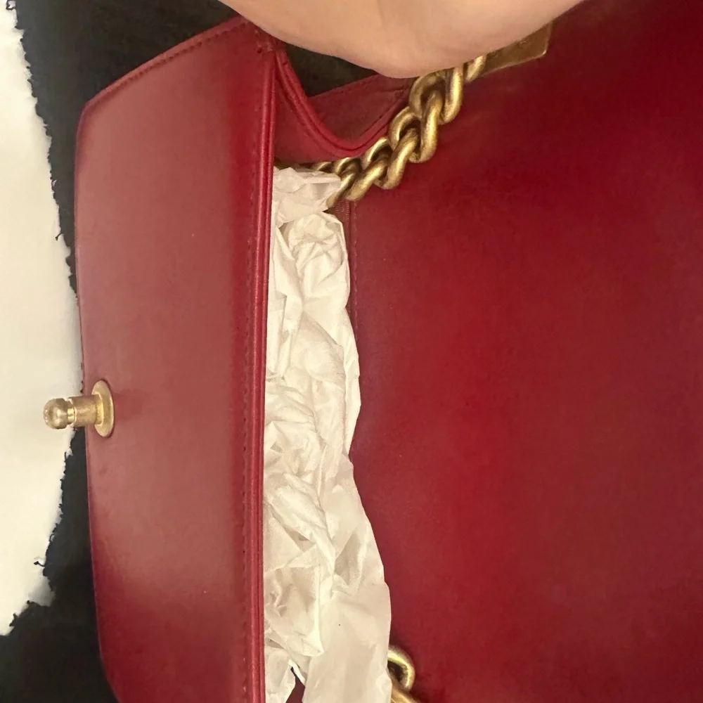 CHANEL Red Quilted Boy Flap Bag with Gold Chain and Hardware